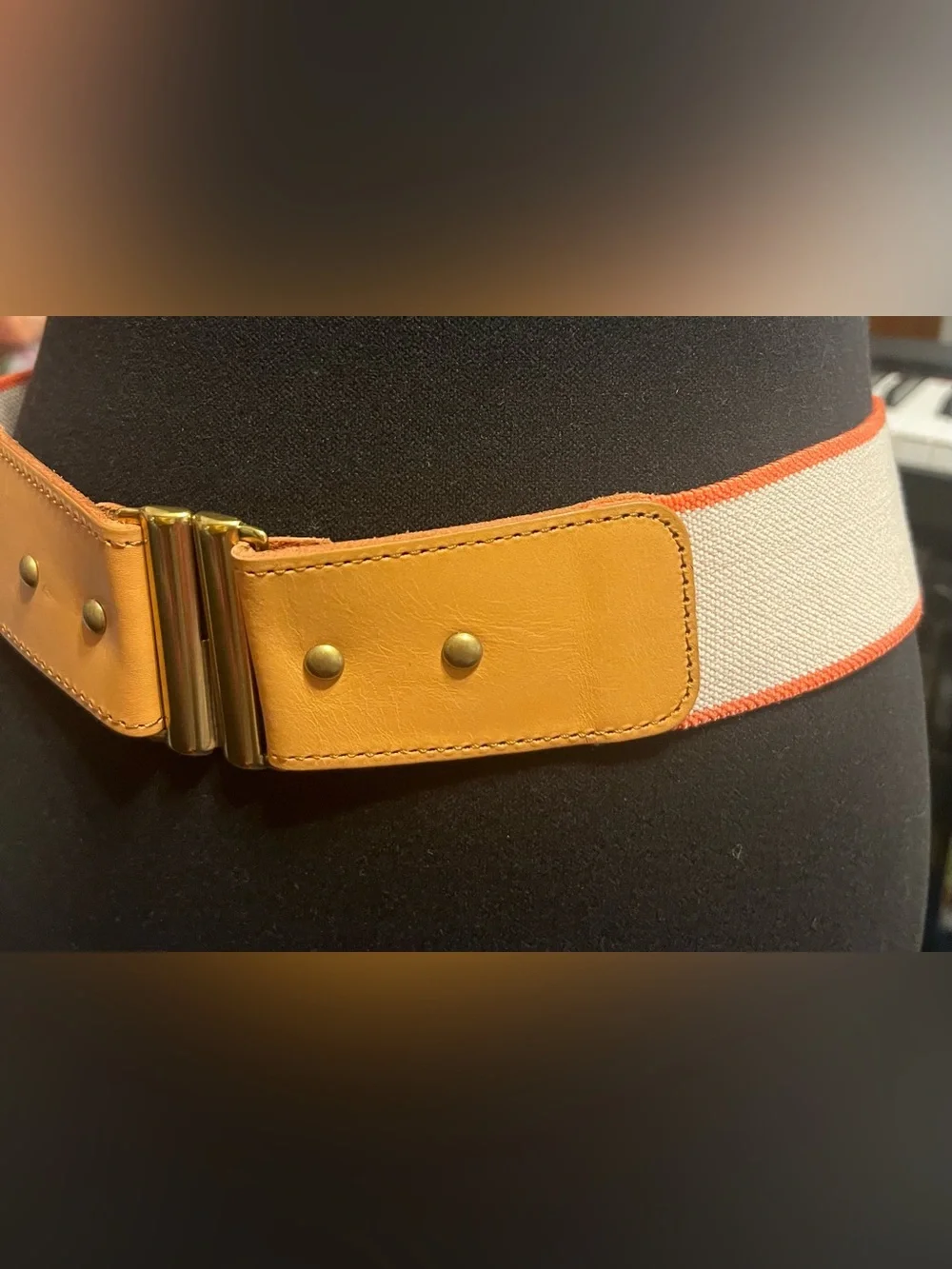 Fossil Beige Elastic Belt with Tan Leather and Gold-Tone Buckle